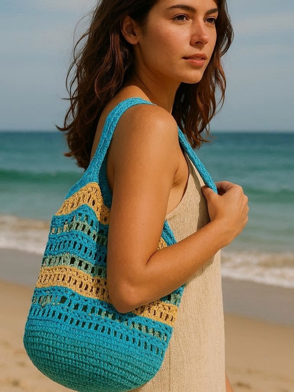 Boho Crochet Shoulder Tote Bag in Teal & Yellow Cottagecore 27" X 16"
